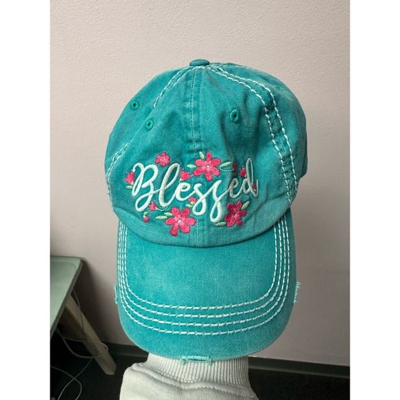 Beautiful teal and floral blessed hat. Velcro strap in back - Picture 1 of 4
